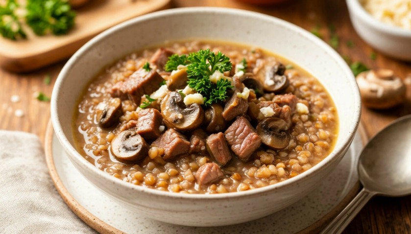 Гречка с грибами, курицей и сливками