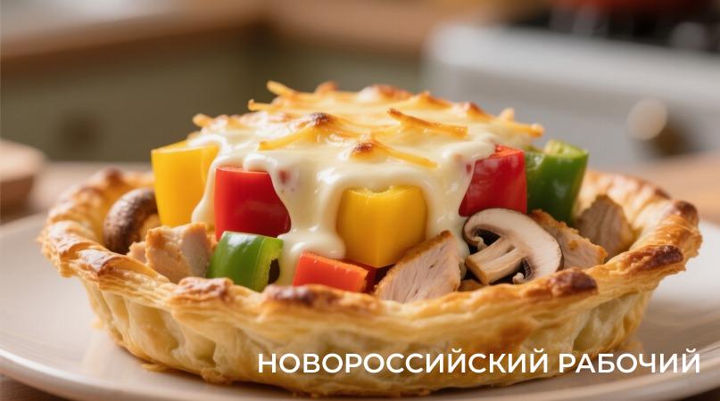 Овощное куриное соте в корзинках из слоёного теста