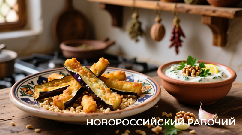 Хрустящие палочки из баклажанов в кляре с кукурузными хлопьями и чесночным соусом