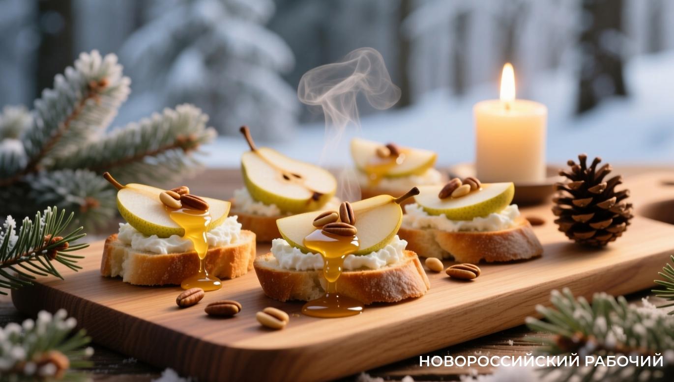 Мини-брускетты с творожным сыром, грушей, мёдом и кедровыми орешками