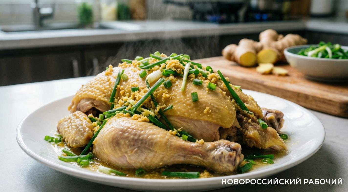 Курица на пару с имбирём и зелёным луком