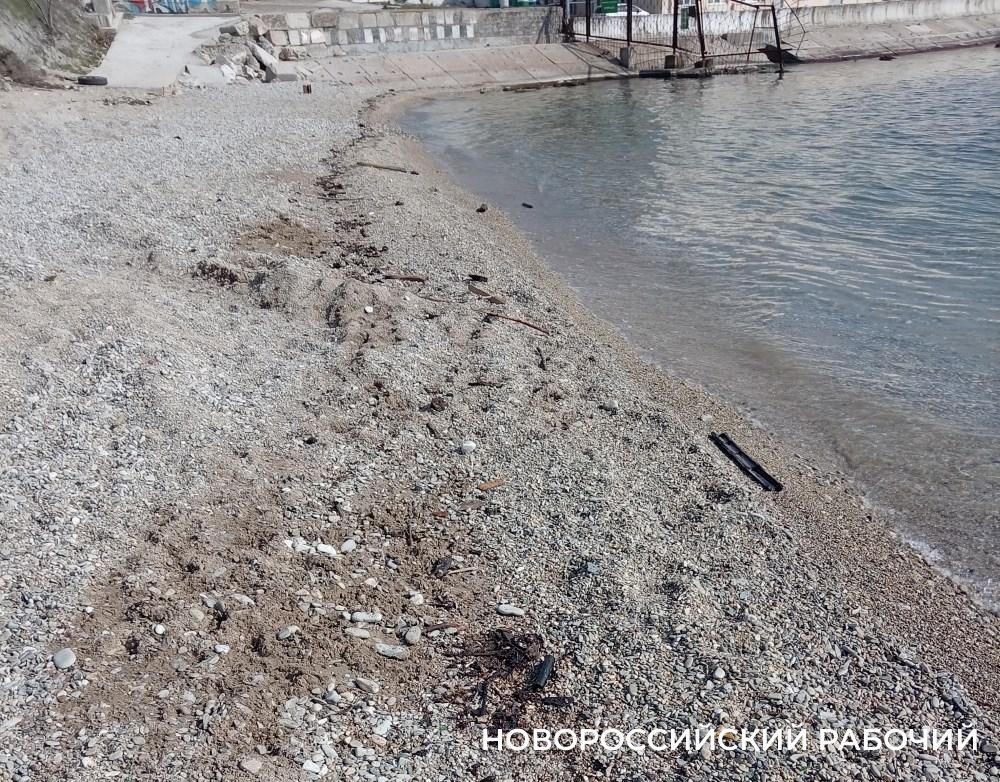 На берегу моря в Новороссийске лежит мазут и маслянистая пленка