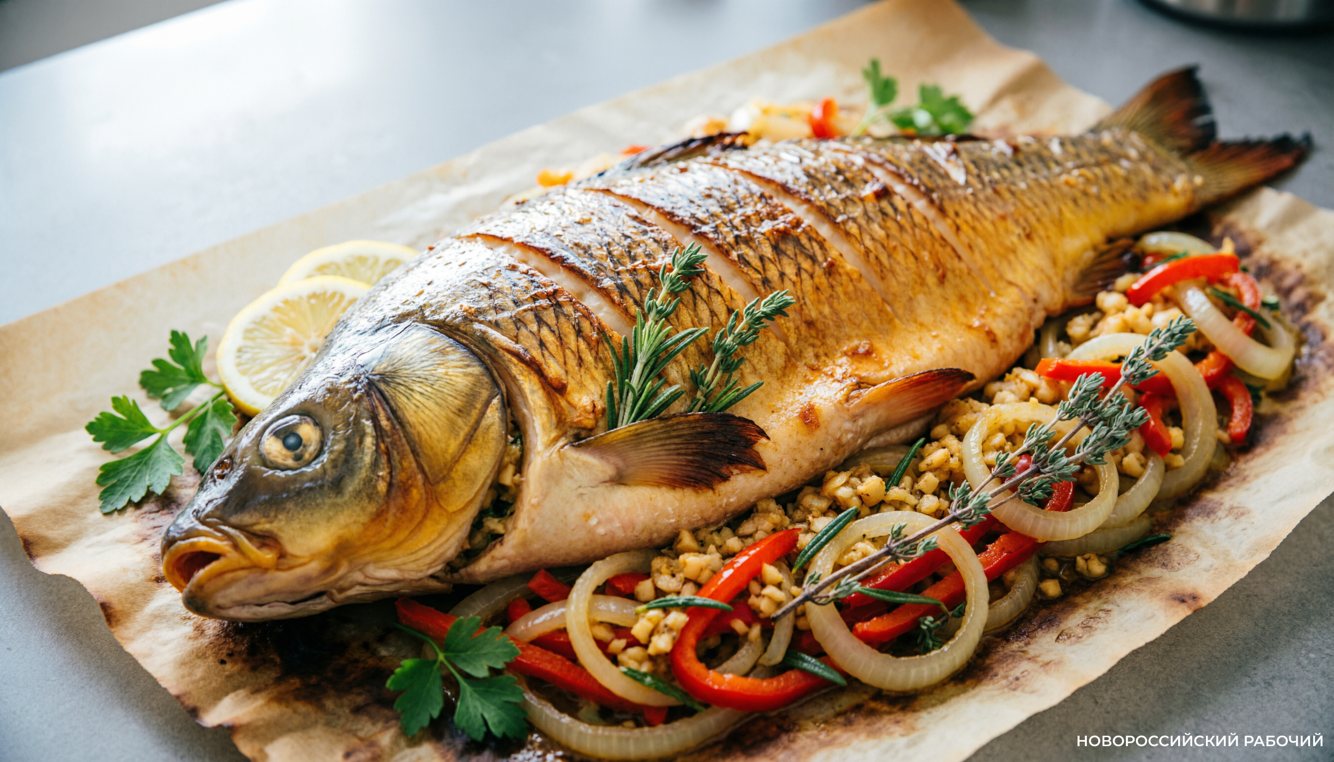 Карп с овощным рагу и пикантным чесночным маслом