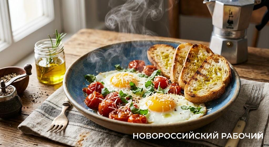 Яичница с помидорами и базиликом