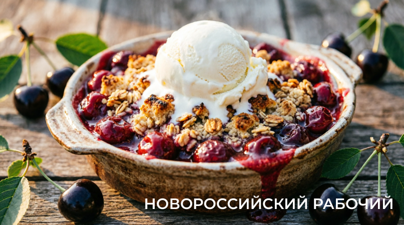 Летний черешневый крамбл с ванильным мороженым