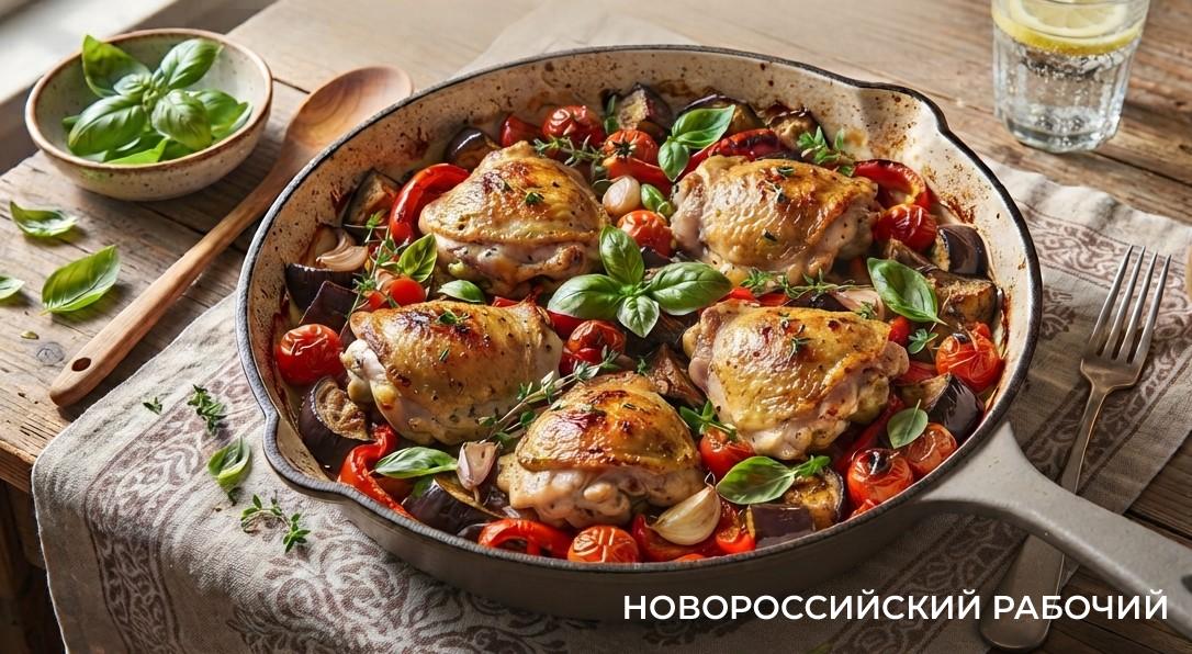 Запеченные куриные бедра с баклажанами, томатами и базиликом
