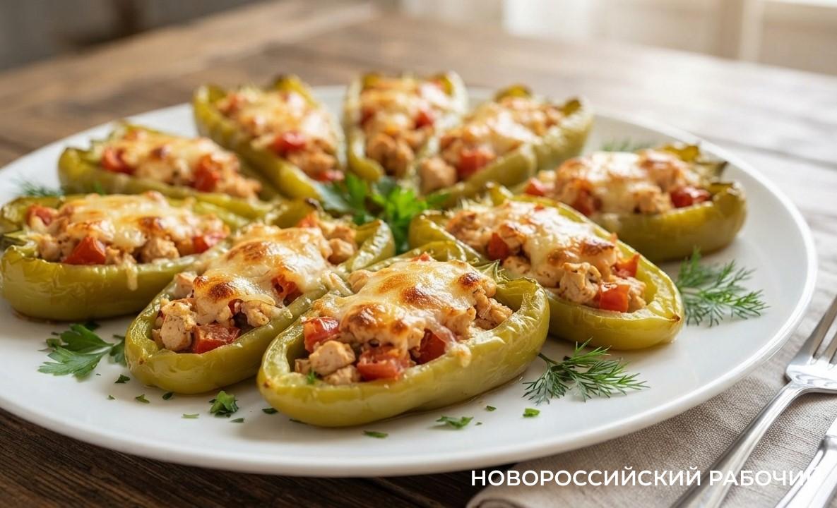 Запеченные перцы «лодочки» с куриным филе, томатами и сыром